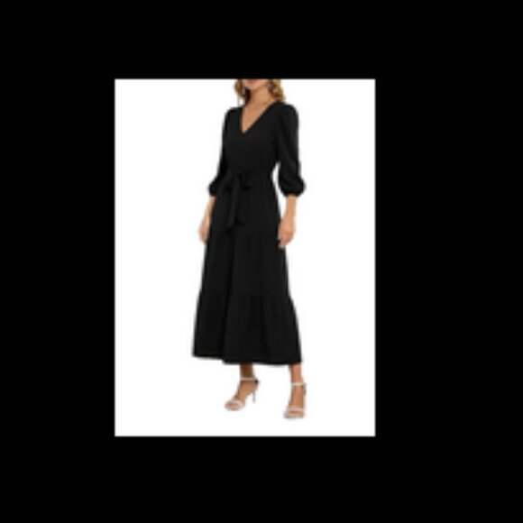 !NEW! DKNY Elegant Black Midi Dress Size 4 with Puffed Sleeves - Picture 2 of 6